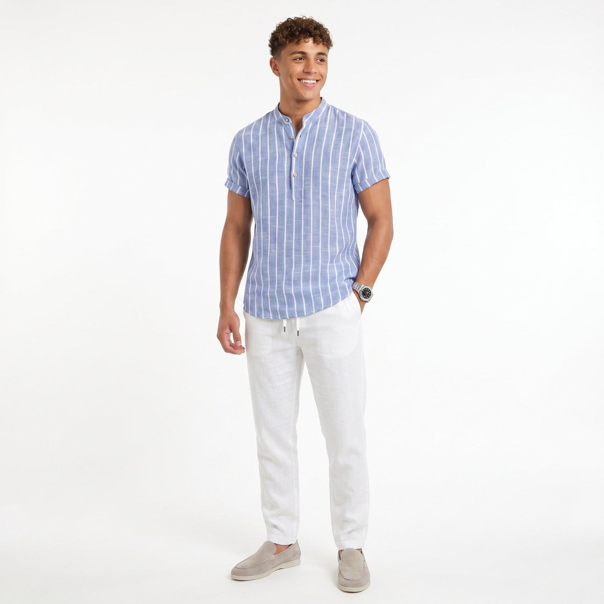 Men's Striped Shirt & Linen Trousers Set – Relaxed Fit