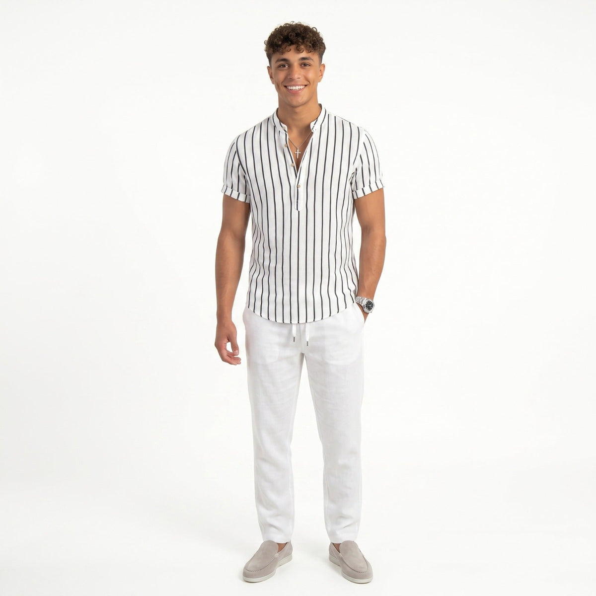 Men's Striped Shirt & Linen Trousers Set – Relaxed Fit