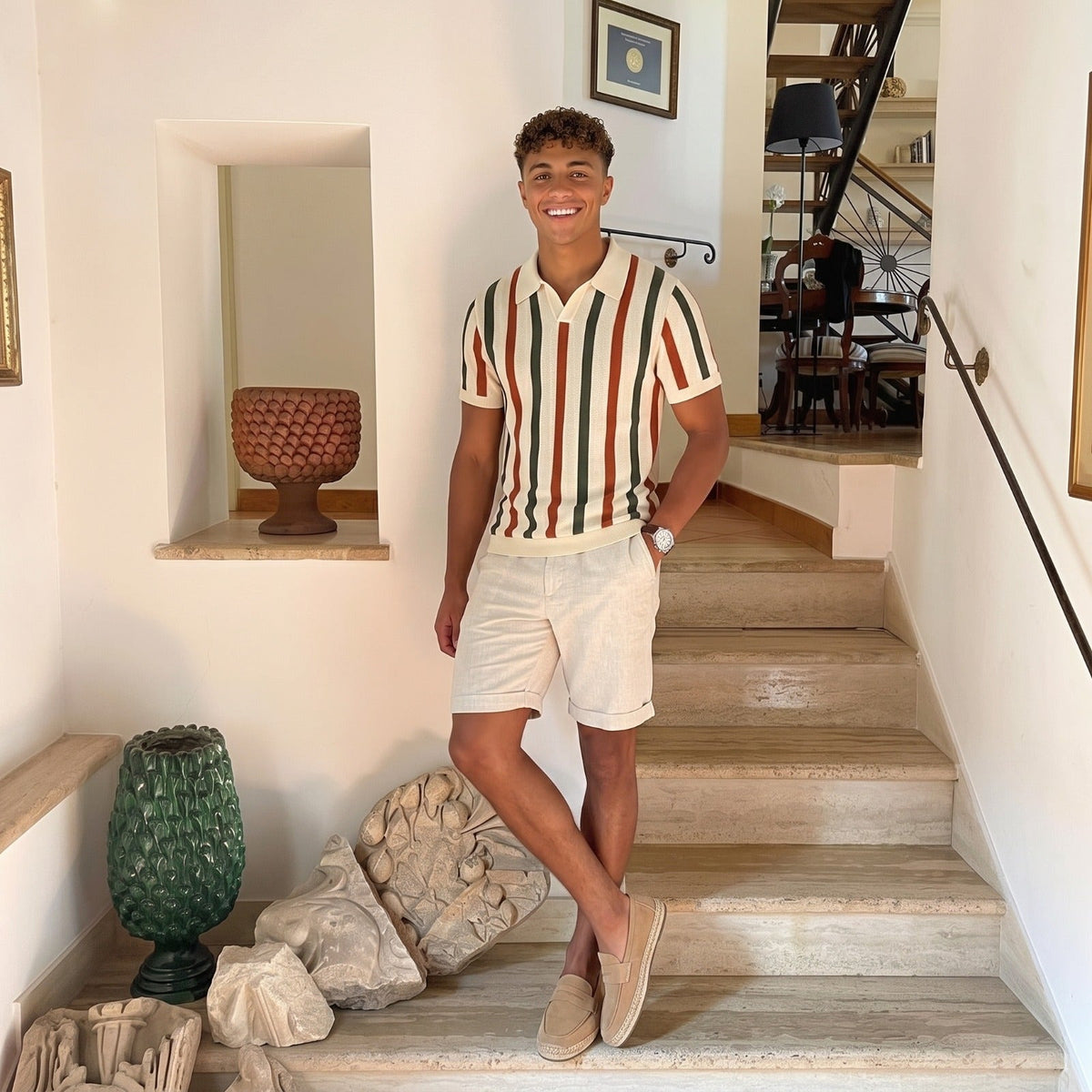 Men's Striped Knit Polo – Open Collar & Relaxed Fit