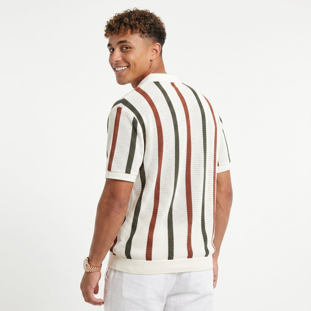 Men's Striped Knit Polo – Open Collar & Relaxed Fit
