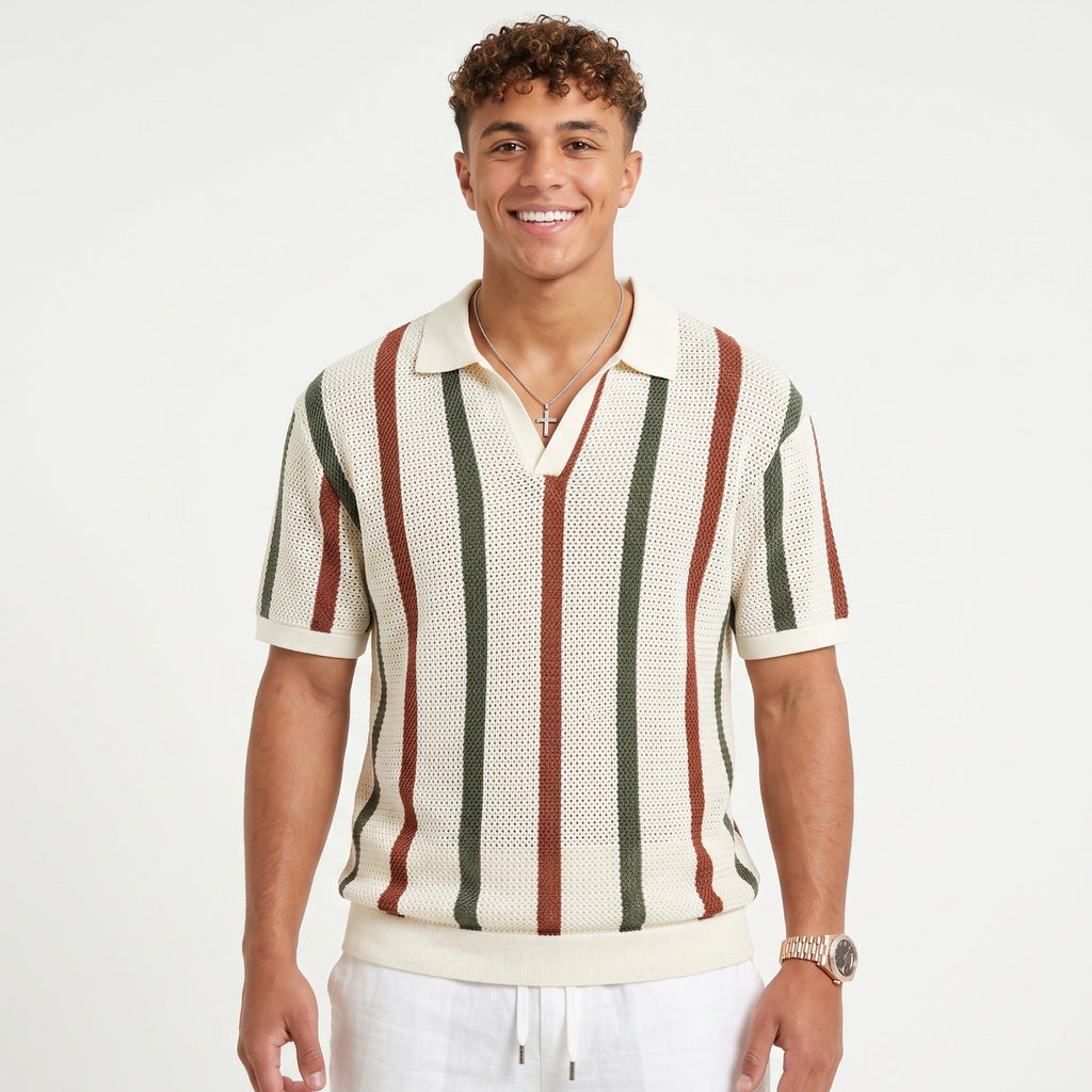 Men's Striped Knit Polo – Open Collar & Relaxed Fit