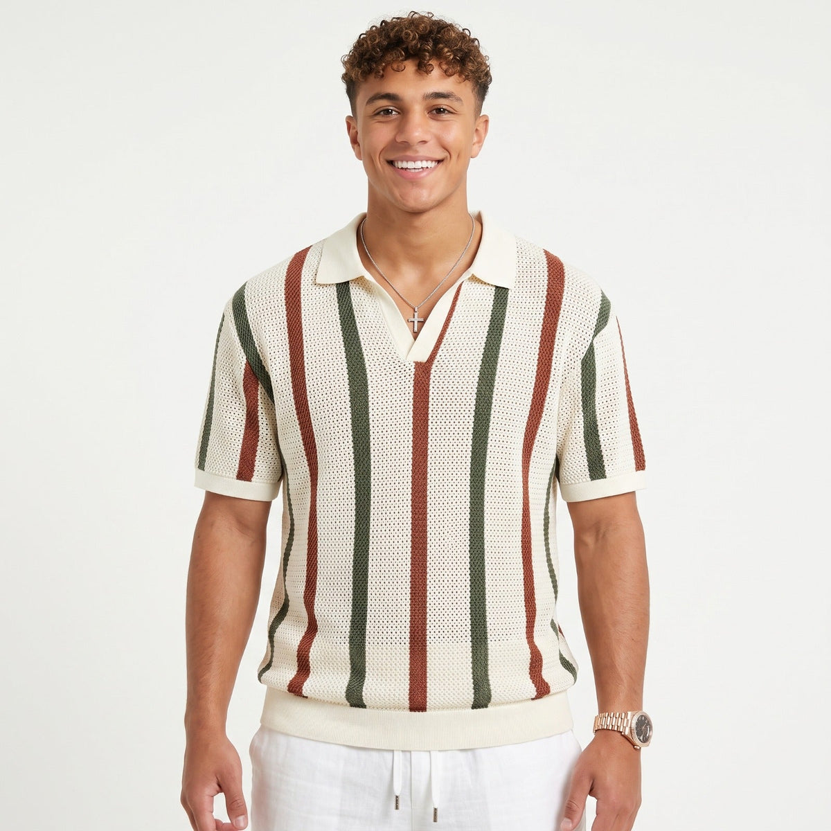 Men's Striped Knit Polo – Open Collar & Relaxed Fit