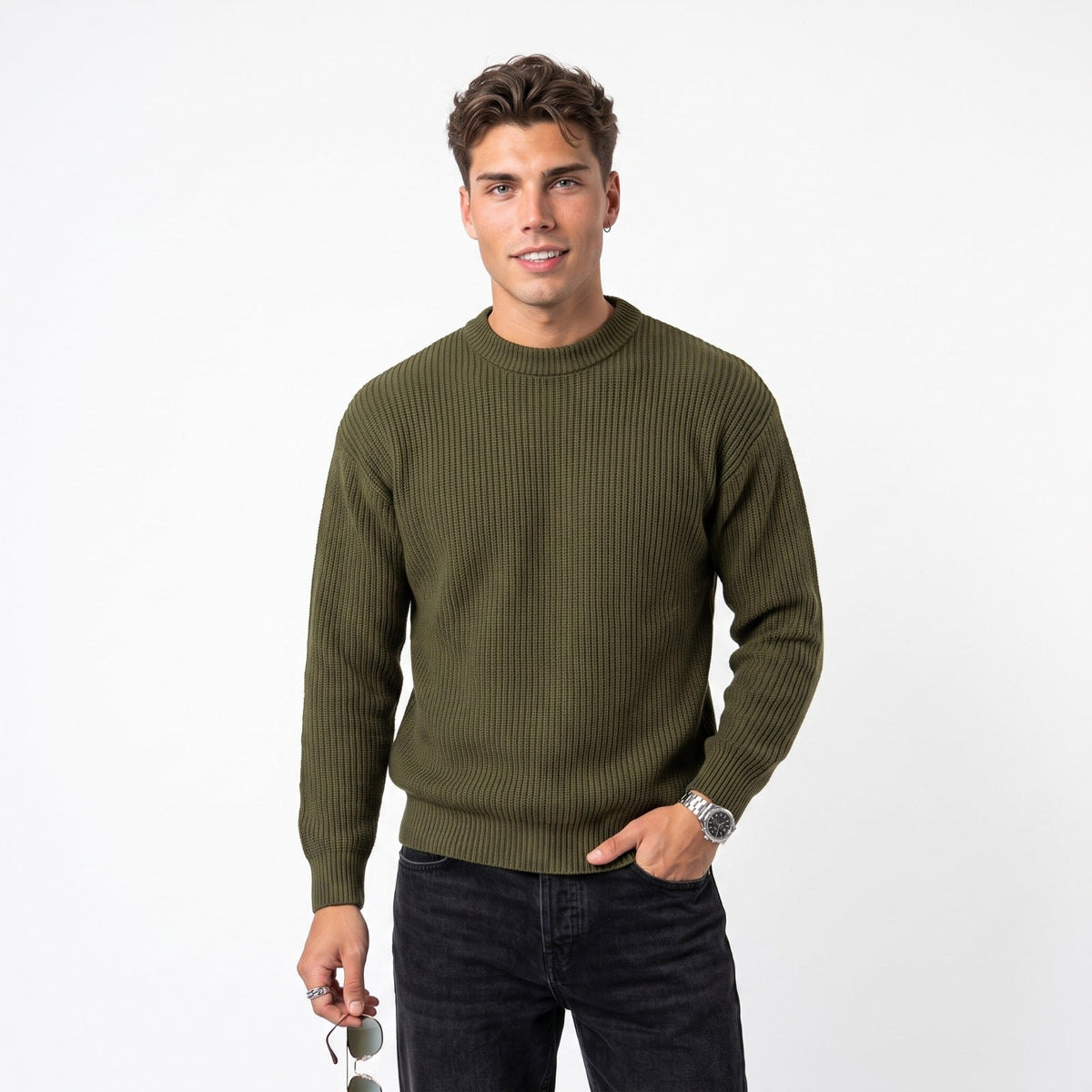 Men's Ribbed Knit Sweater – Relaxed Crew-Neck Fit