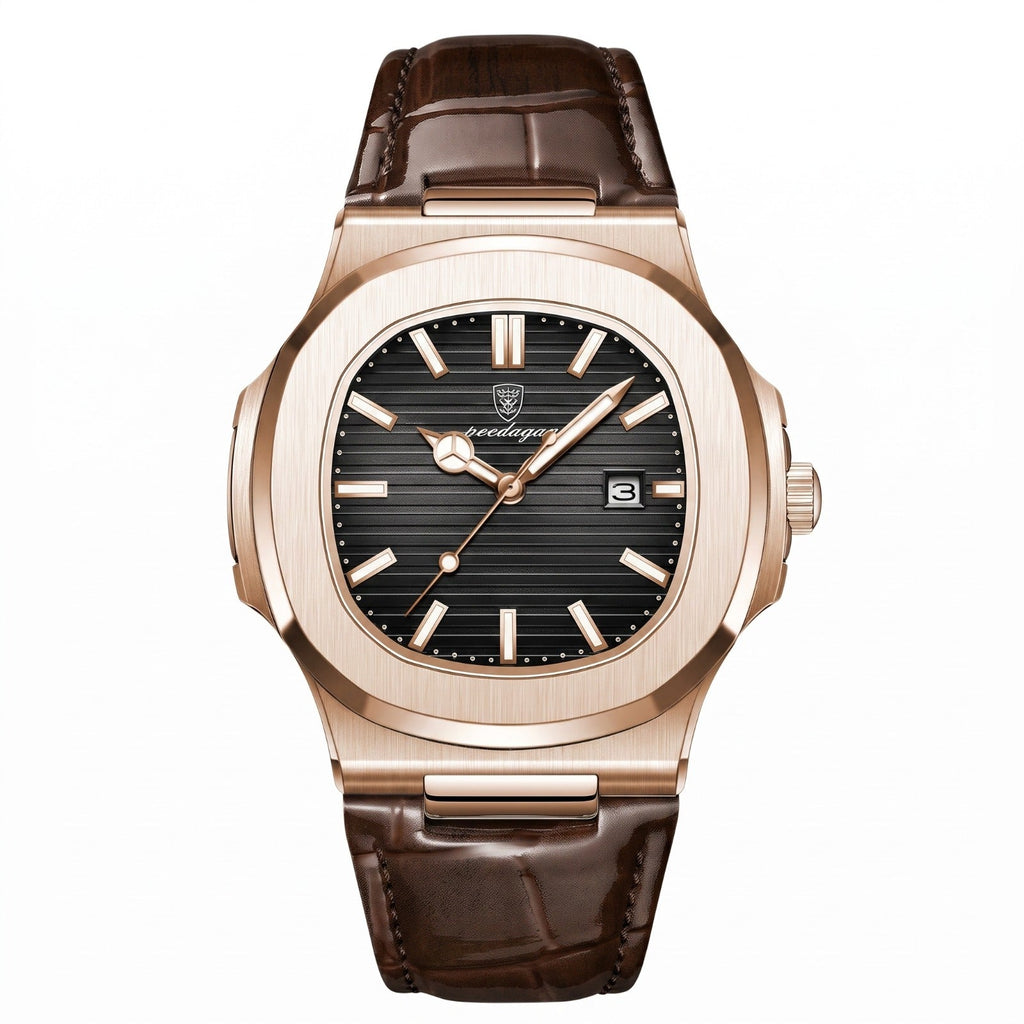 Men's Square Steel Watch – Leather Strap & Date Display