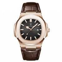 Men's Square Steel Watch – Leather Strap & Date Display