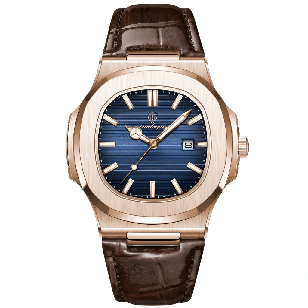 Men's Square Steel Watch – Leather Strap & Date Display