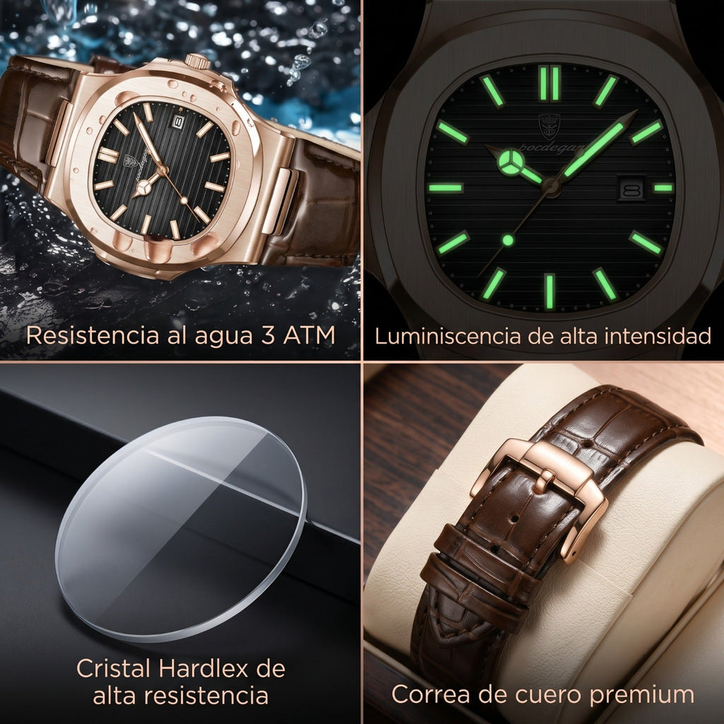 Men's Square Steel Watch – Leather Strap & Date Display