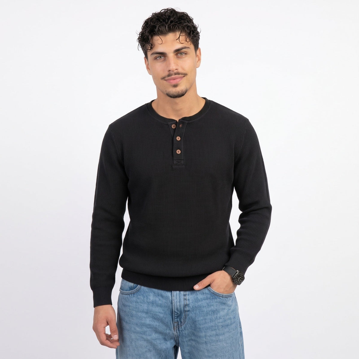Men's Henley Sweater – Crew-Neck Knit