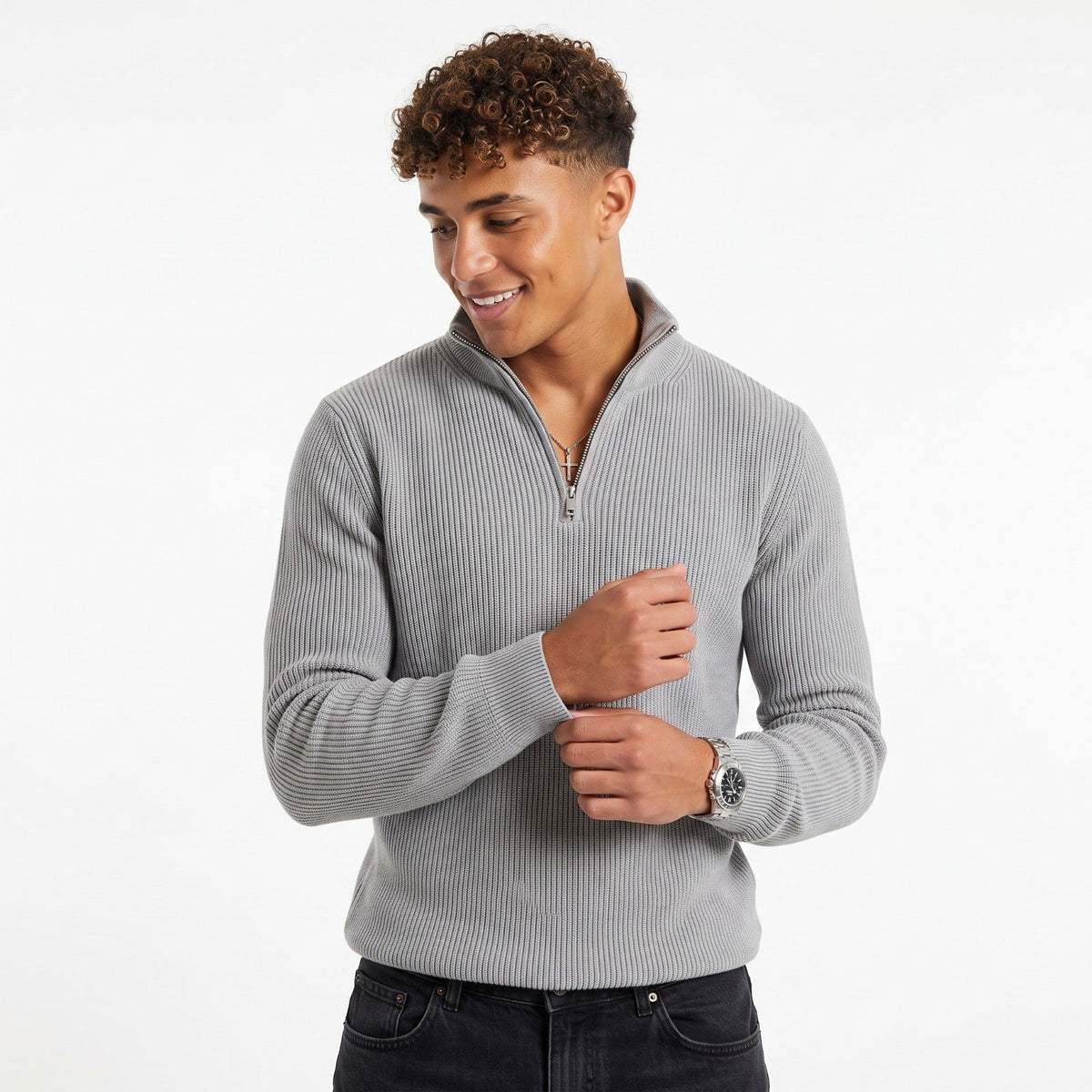 Men's High-Neck Zip Sweater – Textured Knit