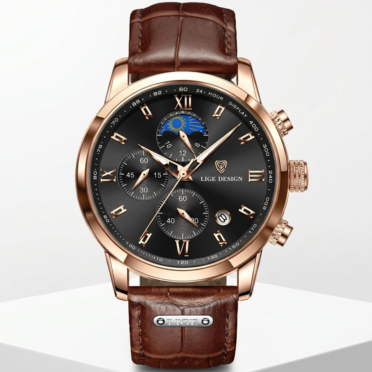 Men's Multifunction Quartz Watch – Moon Phase & Chronograph