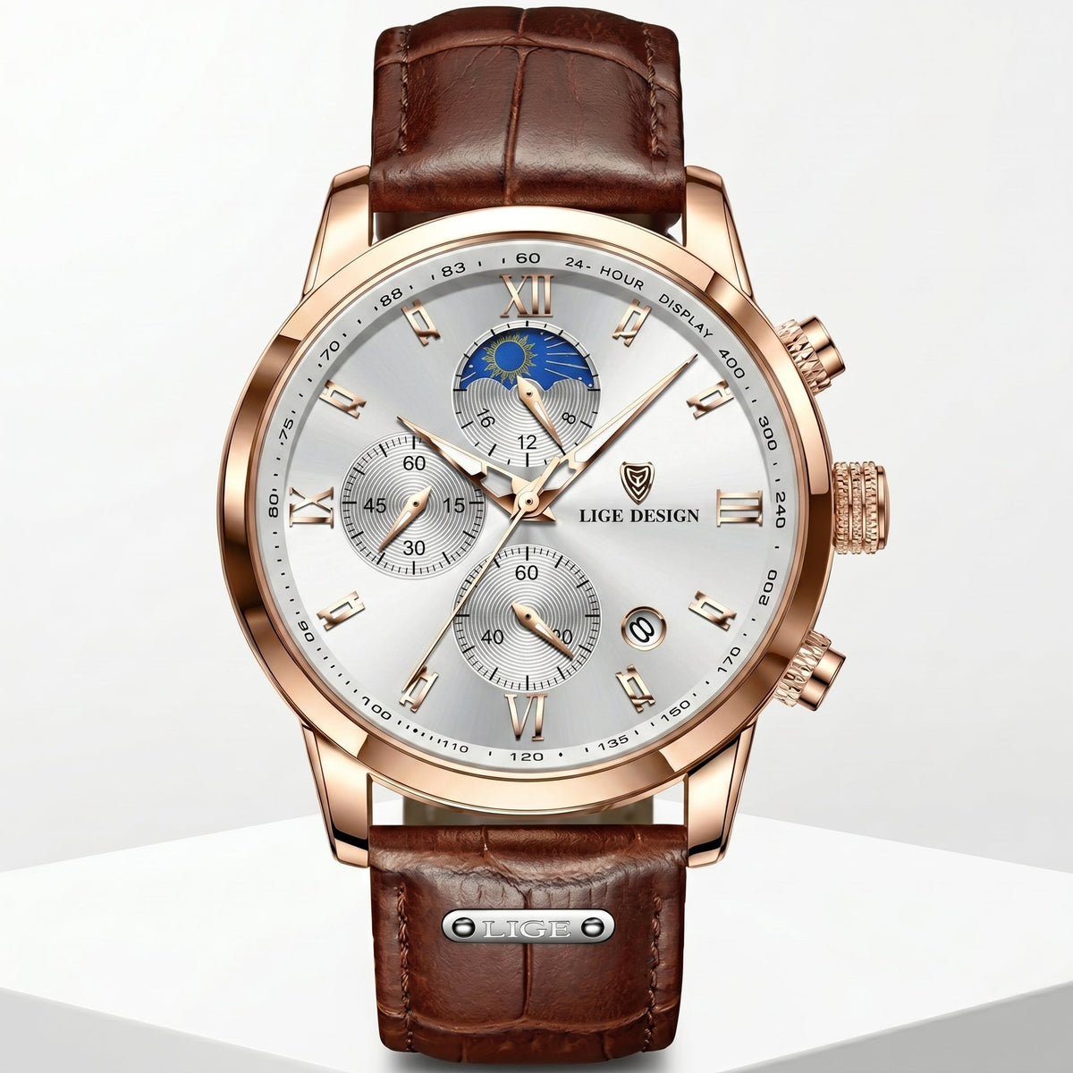 Men's Multifunction Quartz Watch – Moon Phase & Chronograph