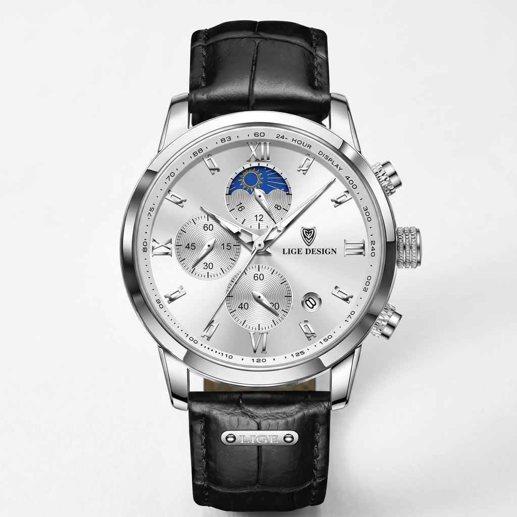 Men's Multifunction Quartz Watch – Moon Phase & Chronograph
