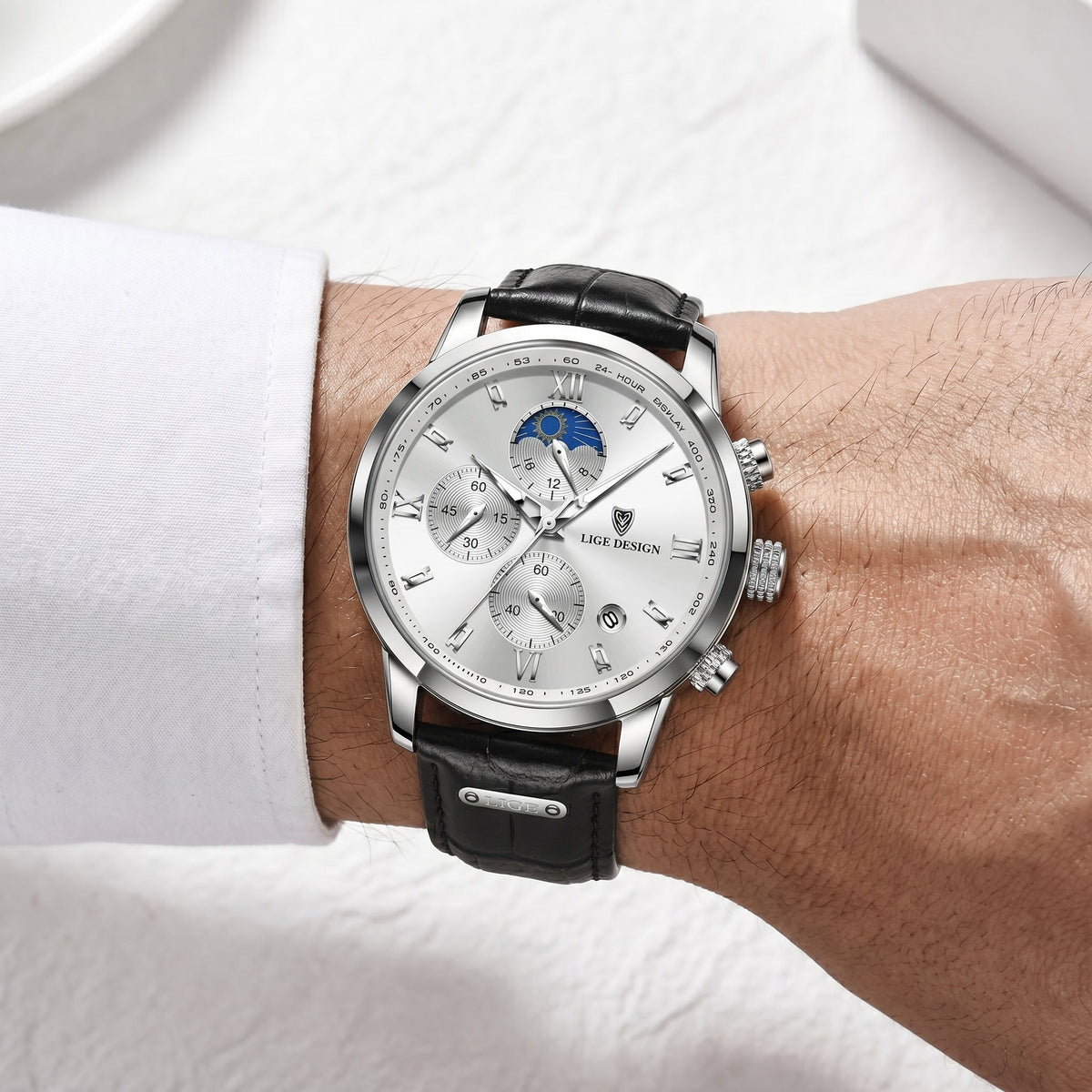 Men's Multifunction Quartz Watch – Moon Phase & Chronograph