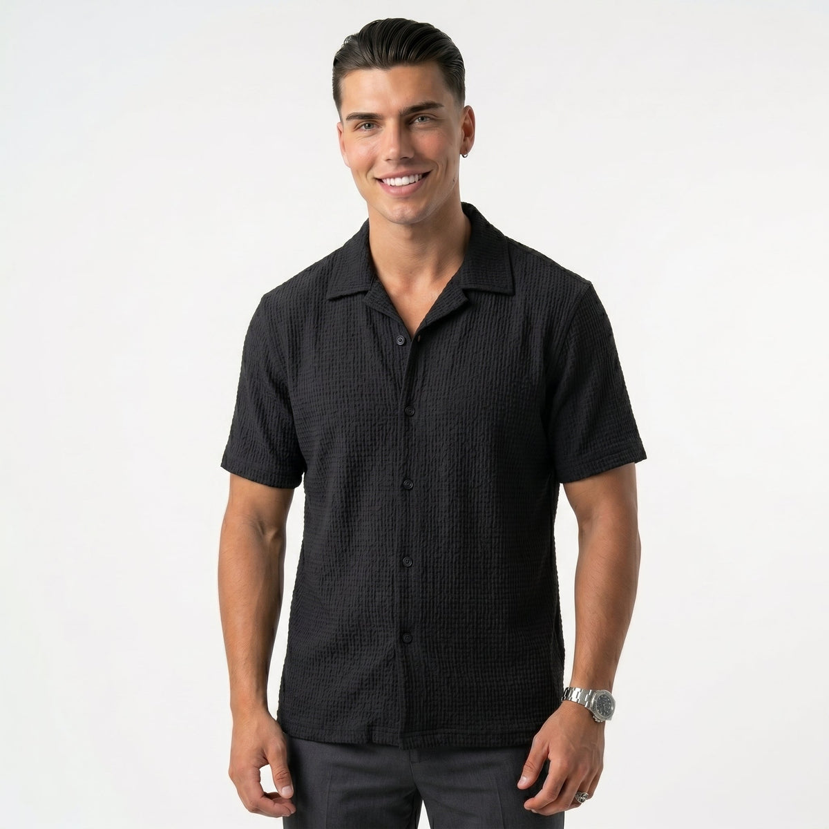 Men's Cardigan-Collar Shirt – Short-Sleeve Relaxed Fit