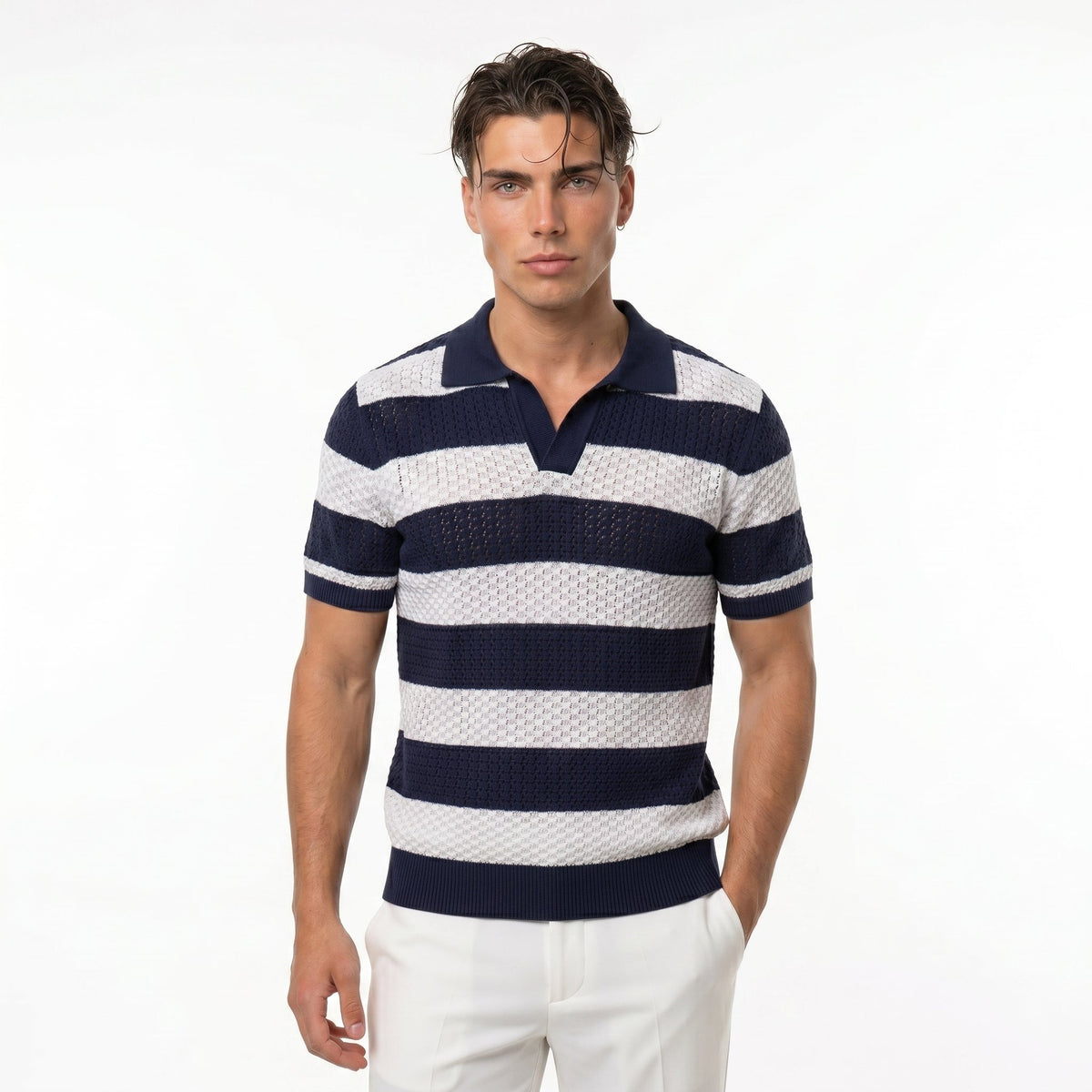 Men's Striped Knit Polo Shirt – Breathable Summer Fit