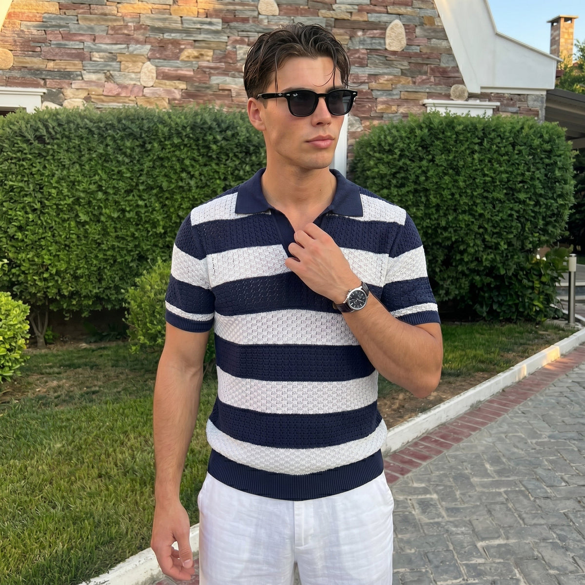 Men's Striped Knit Polo Shirt – Breathable Summer Fit