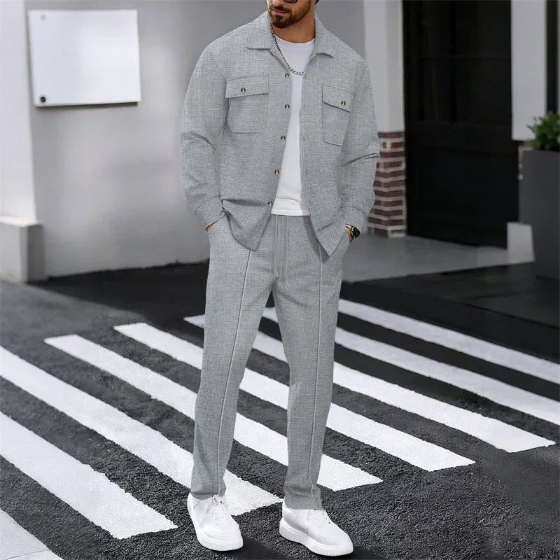 Men's Waffle-Knit Shirt & Trousers Set – Relaxed Fit
