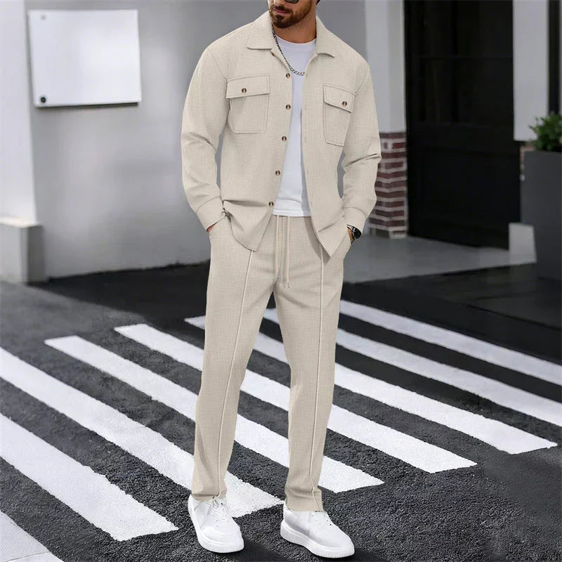 Men's Waffle-Knit Shirt & Trousers Set – Relaxed Fit