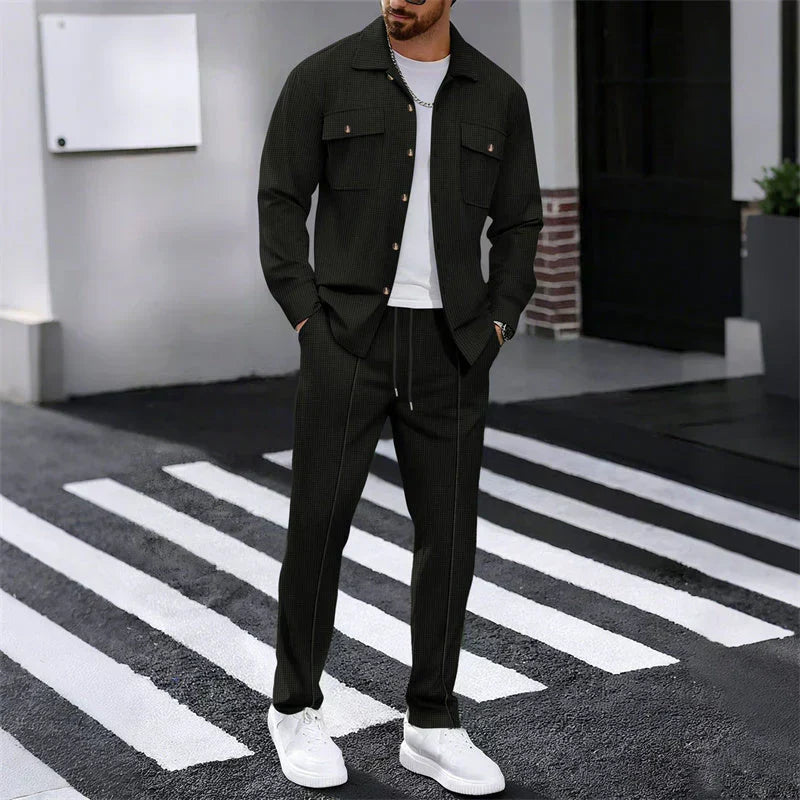 Men's Waffle-Knit Shirt & Trousers Set – Relaxed Fit