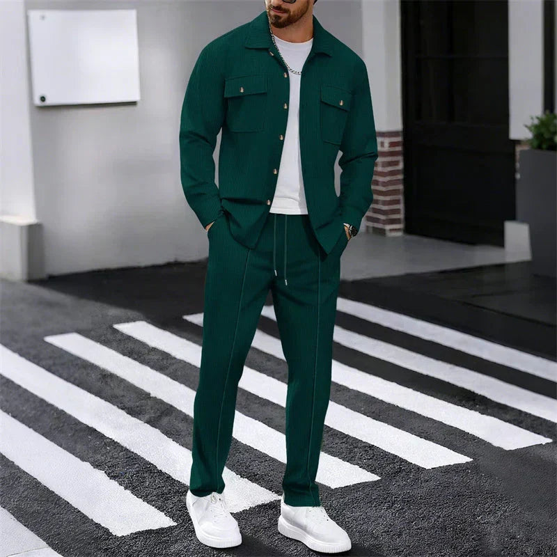 Men's Waffle-Knit Shirt & Trousers Set – Relaxed Fit