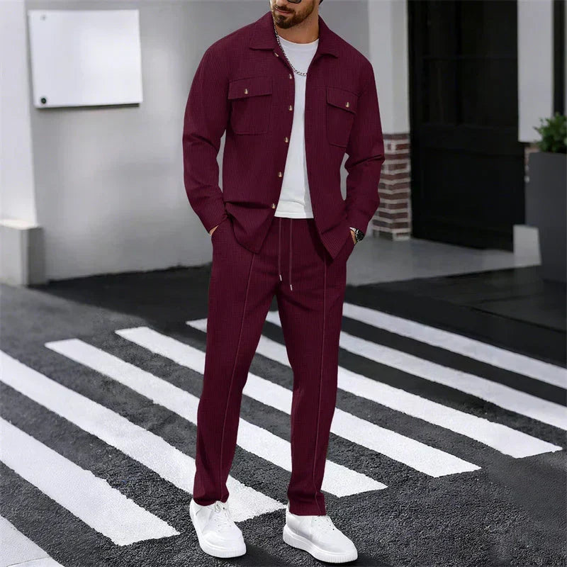 Men's Waffle-Knit Shirt & Trousers Set – Relaxed Fit