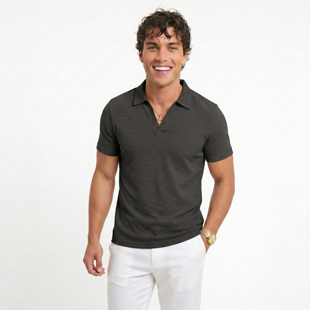 Men's Waffle-Knit V-Neck Polo Shirt – Breathable Slim Fit