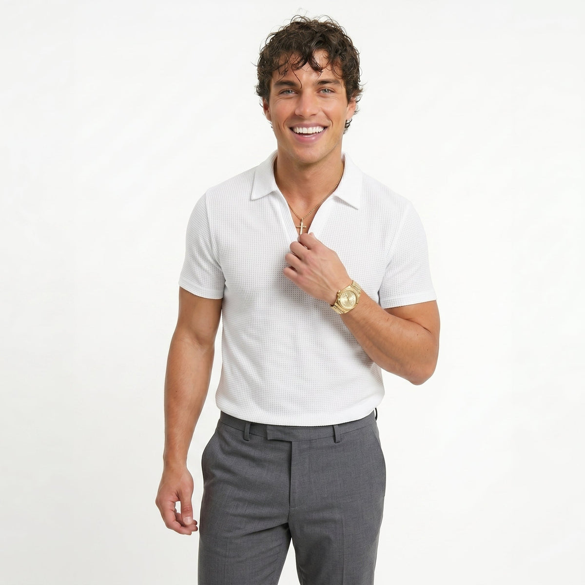Men's Waffle-Knit V-Neck Polo Shirt – Breathable Slim Fit